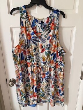 West Loop Tropical Floral V-neck Sleeveless Dress Drawstring Elastic Waist XXL